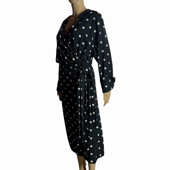 H&M Womens Wrap Dress Black White Polka Dot Midi Extra Long Sleeves Sz M - Picture 2 of 15